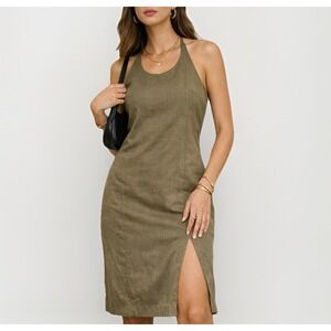 Vintage Gantos Linen Halter Midi Dress Olive Green Minimalist 90s 14 Resortwear